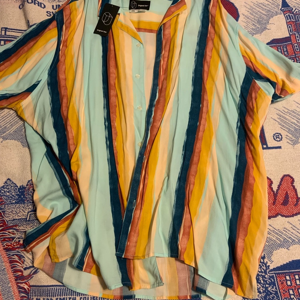 Original Use Green and Blue Relaxed Mandarin Collar Shirt